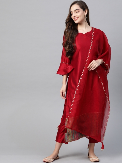 

Indo Era Women Red Kurta with Trousers & With Dupatta