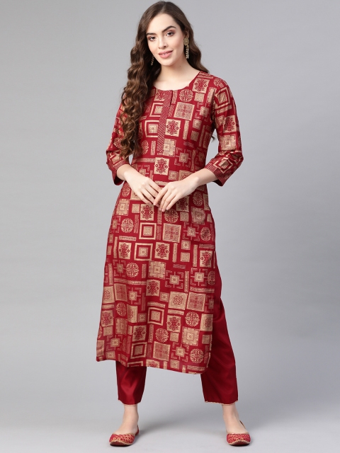 

Indo Era Women Red & Golden Printed Liva Kurta with Trousers