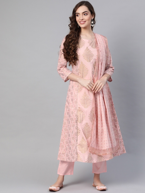 

Indo Era Women Pink Pure Cotton Printed Gotta Patti Kurta with Trousers & Dupatta