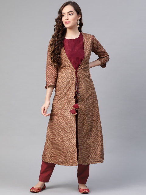 

Indo Era Women Maroon & Golden Cotton Geometric Printed Layered Kurta