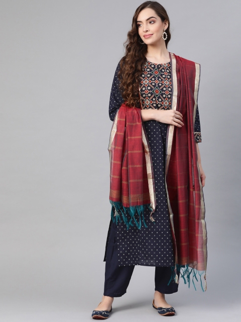 

Indo Era Women Navy Blue Printed Pure Cotton Kurta with Palazzos & Dupatta