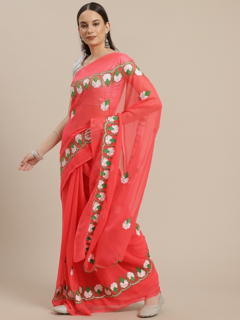 

Anouk Coral Pink & White Ethnic Motifs Embroidered Pure Georgette Bhagalpuri Saree