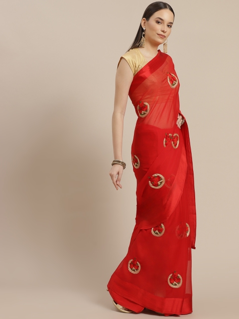 

Anouk Red Ethnic Motifs Embroidered Pure Chiffon Bhagalpuri Saree