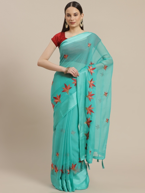 

Anouk Green & Rust Orange Ethnic Motifs Embroidered Pure Chiffon Bhagalpuri Saree