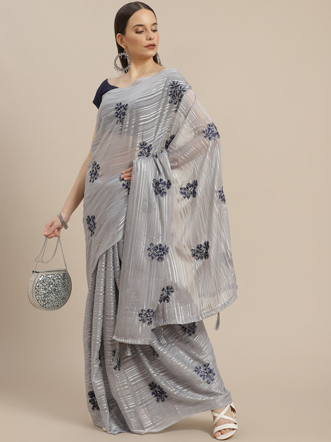 

Anouk Grey & Navy Blue Embroidered Ethnic Motifs Weightless Bhagalpuri Saree