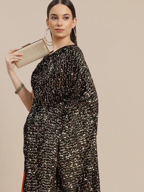 

Anouk Black & Orange Embellished Sequinned Velvet Saree