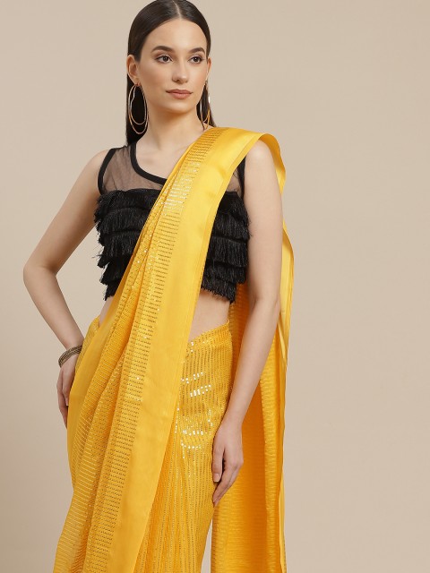 

Anouk Mustard Yellow & Golden Striped Sequinned Pure Chiffon Bhagalpuri Saree