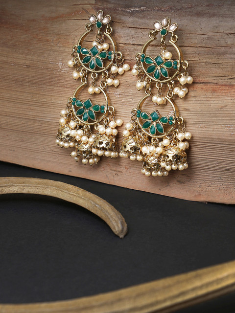 

Adwitiya Collection Gold-Toned & Green Contemporary Jhumkas