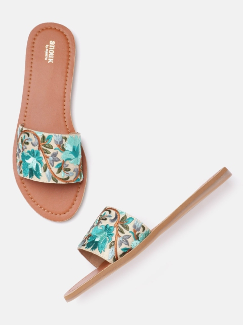 

Anouk Women Green & Cream-Coloured Ethnic Embroidered Open Toe Flats