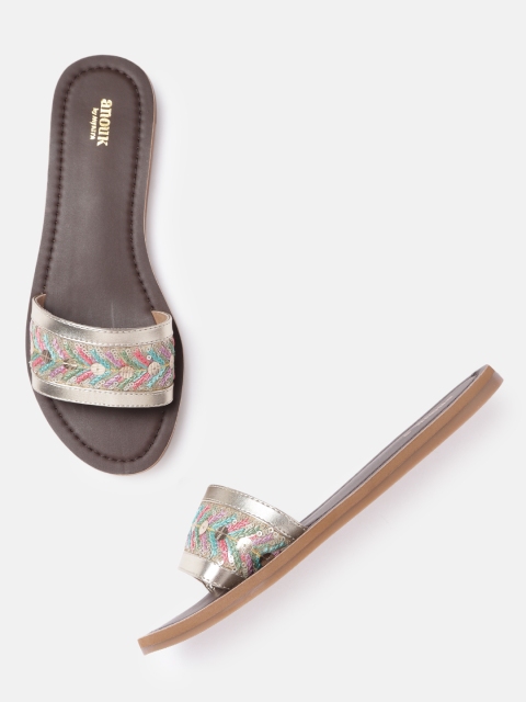 

Anouk Women Gold-Toned & Blue Sequinned & Embroidered Open Toe Flats