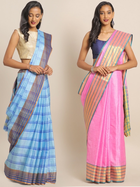 

KALINI Set of 2 Blue & Pink Art Silk Checked Mysore Silk Saree