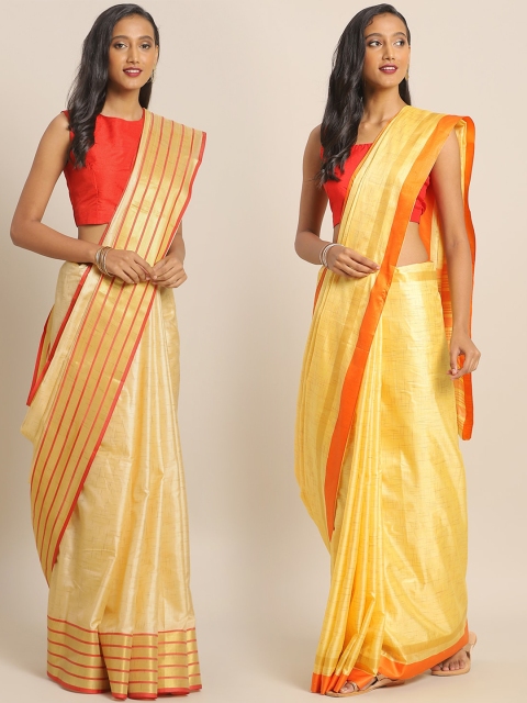 

KALINI Pack of 2 Cream-Coloured Art Silk Solid Mysore Silk Saree