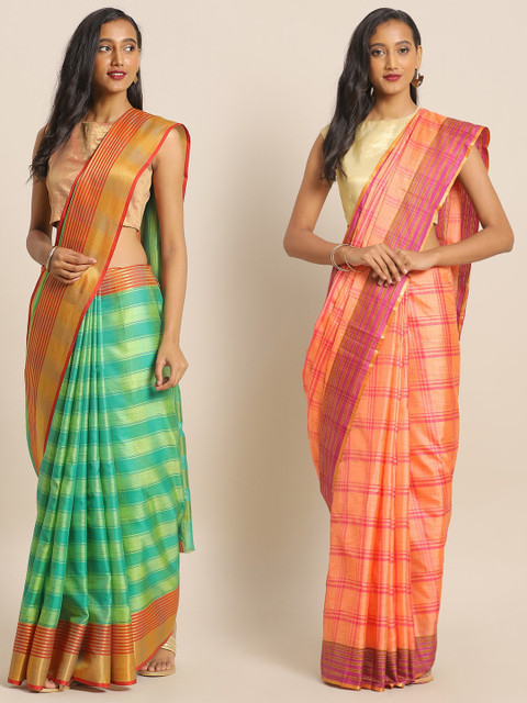 

KALINI Pack of 2 Green & Orange Checked Mysore Silk Saree
