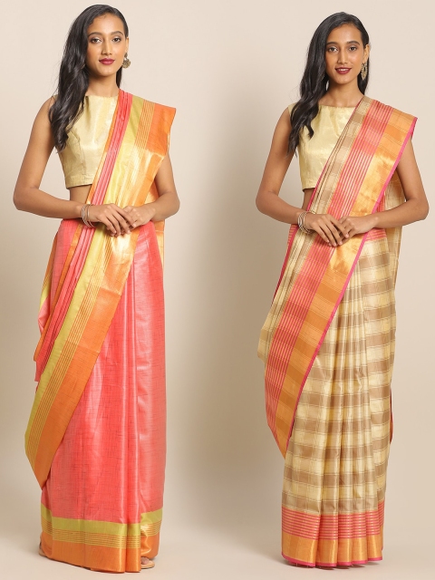 

KALINI Coral & Beige Art Silk Set of 2 Mysore Silk Saree