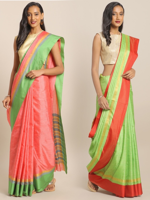 

KALINI Pack of 2 Peach-Coloured & Green Mysore Silk Sarees