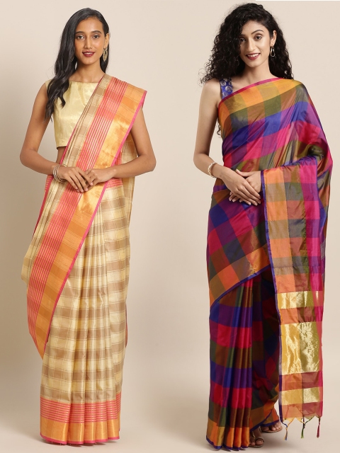 

KALINI Pack of 2 Multicoloured & Cream-Coloured Checked Mysore Silk Saree, Multi