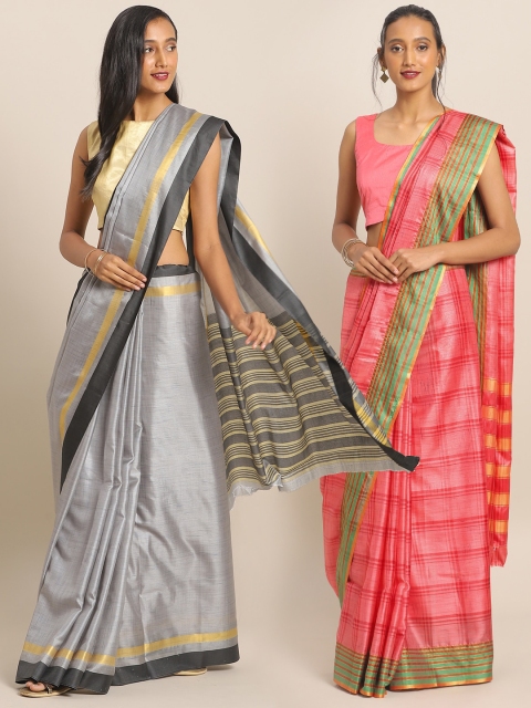 

KALINI Pack of 2 Pink & Grey Art Silk Checked Mysore Silk Sarees