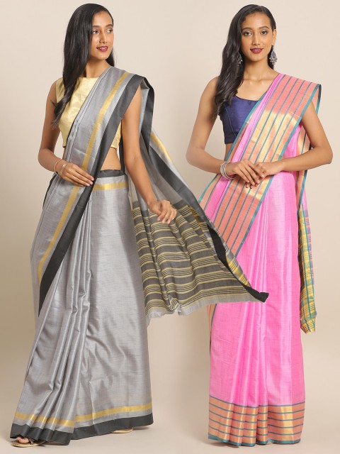 

KALINI Pink & Grey Art Silk Set of 2 Mysore Silk Saree