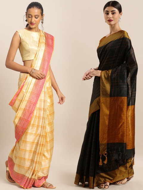 

KALINI Cream-Coloured & Black Art Silk Set of 2 Mysore Silk Saree