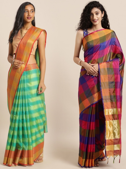 

KALINI Pack of 2 Green & Orange Mysore Silk Sarees