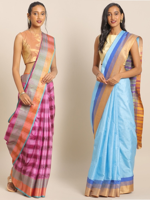 

KALINI Pack of 2 Pink & Blue Checked Mysore Silk Saree