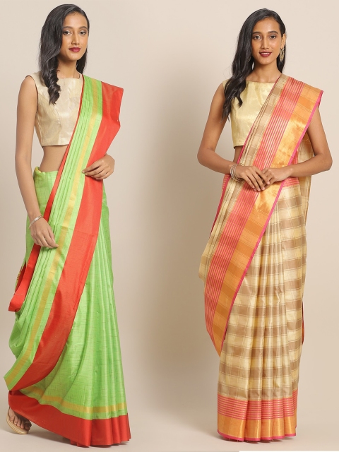 

KALINI Lime Green & Cream-Coloured Art Silk Set of 2 Mysore Silk Saree