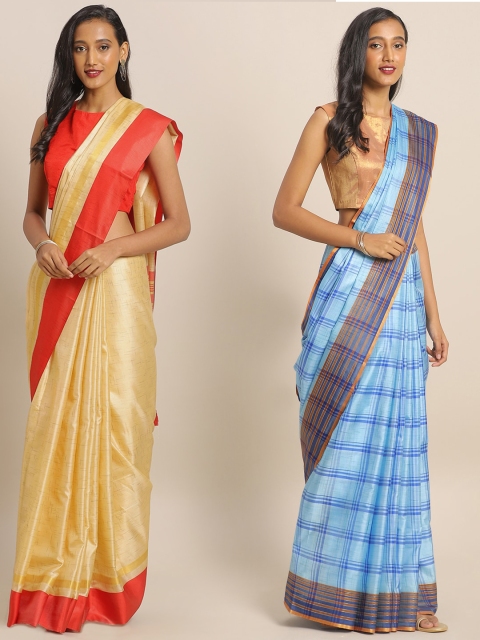 

KALINI Pack of 2 Cream & Blue Art Silk Saree