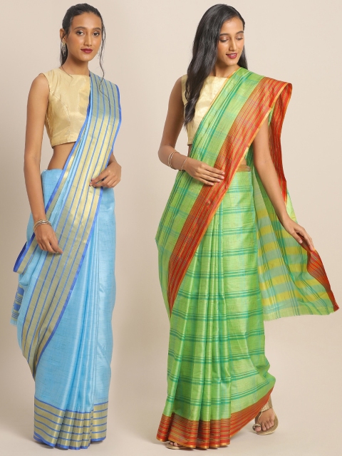 

KALINI Pack of 2 Blue & Green Solid Mysore Silk Saree