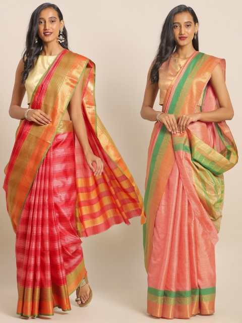 

KALINI Pack Of 2 Art Silk Printed Sarees, Coral