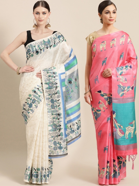 

KALINI Pack of 2 Cream-Coloured & Pink Printed Art Silk Saree