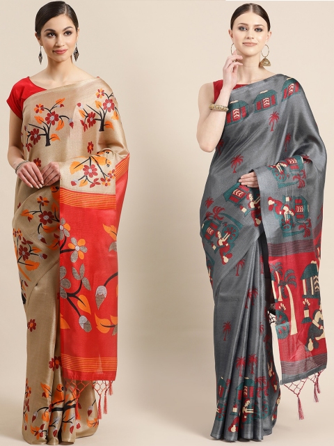 

KALINI Pack Of 2 Art Silk Printed Sarees, Beige