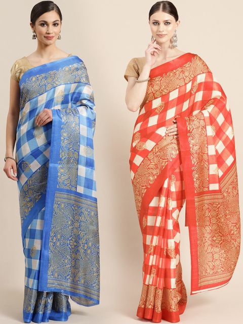 

KALINI Pack of 2 Blue & Orange Checked Art Silk Saree