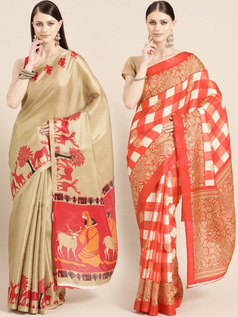 

KALINI Pack of 2 Beige & Orange Art Silk Sarees