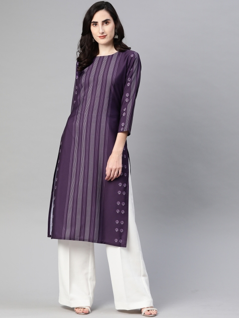 

AHIKA Women Purple & Off White Striped Straight Kurta