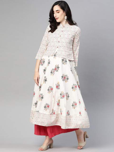 

AHIKA Women Off White & Black Ethnic Motifs Printed Anarkali Kurta with Ethnic Jacket