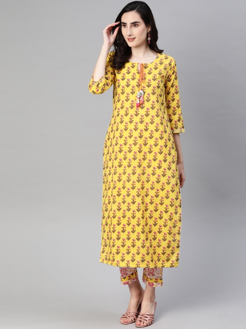 

AHIKA Women Yellow & Pink Ethnic Motifs Print Pure Cotton Kurta with Trousers