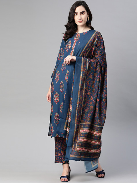 

AHIKA Women Navy Blue & Maroon Ethnic Motifs Printed Kurta with Trousers & Dupatta