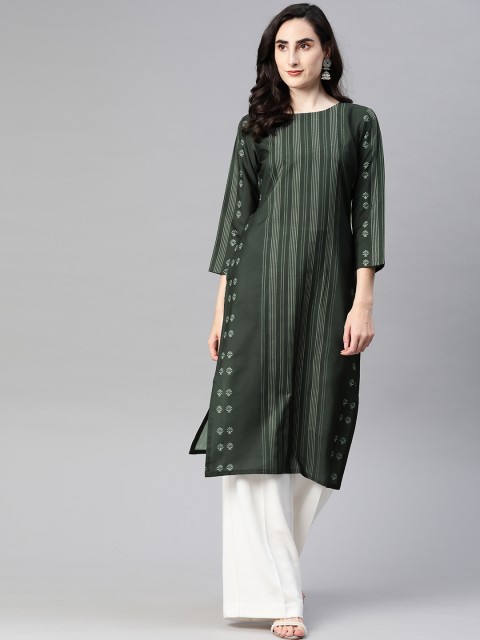 

AHIKA Women Green & Off White Striped Straight Kurta