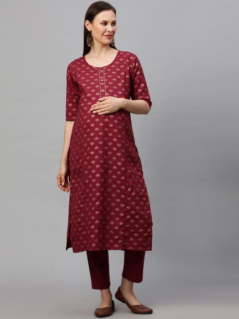 

MomToBe Women Maroon Ethnic Motifs Printed Maternity Kurta