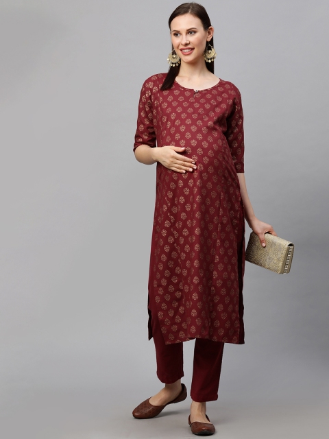 

MomToBe Women Maroon Ethnic Motifs Printed Maternity Kurta