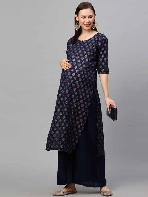 

MomToBe Women Navy Blue Ethnic Motifs Printed Maternity Kurta
