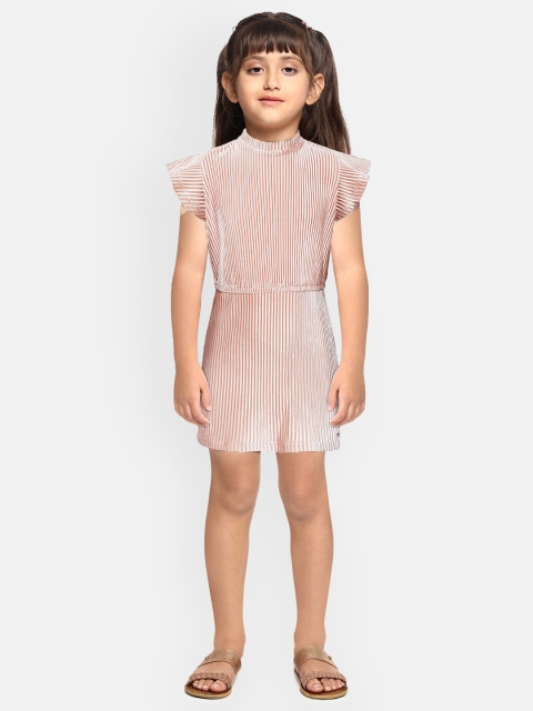 

Tommy Hilfiger Girls Peach-Coloured Self-Striped Velvet Finish A-Line Dress