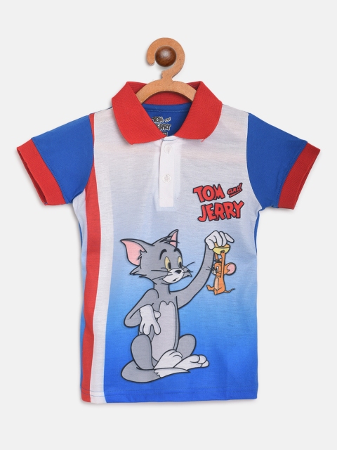 

Eteenz Boys Blue & White Tom & Jerry Print Polo Collar Linen Blend T-shirt