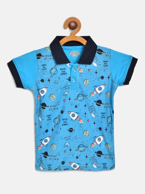 

Eteenz Boys Blue Black Printed Polo Collar Pure Cotton T-shirt