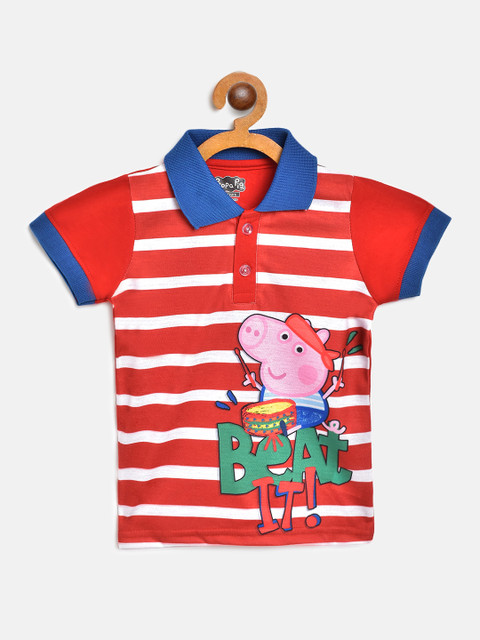 

Eteenz Boys Red & White Peppa Pig Print Pure Cotton Polo Collar T-shirt