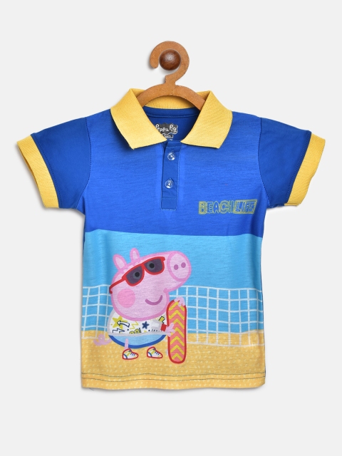 

Eteenz Boys Blue Yellow Peppa Pig Print Pure Cotton Polo Collar Pure Cotton T-shirt