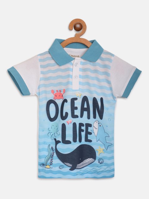 

Eteenz Boys Blue & White Ocean Life Print Linen Blend Polo Collar T-shirt