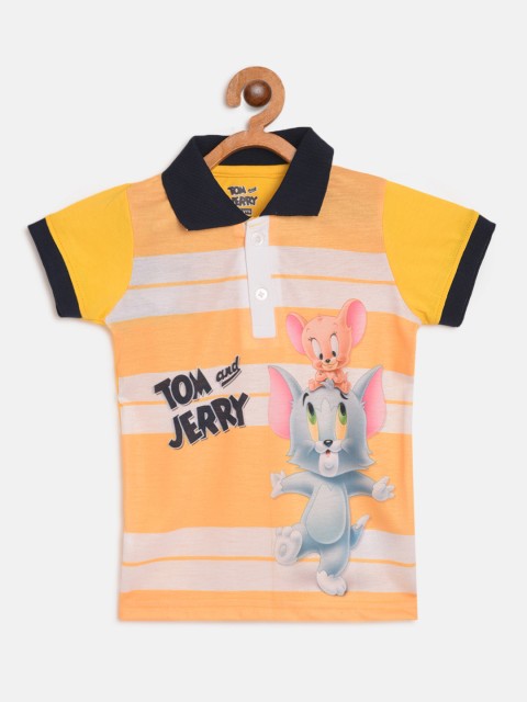 

Eteenz Boys Yellow & White Tom & Jerry Print & Striped Linen Blend T-shirt