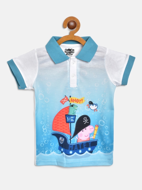

Eteenz Boys Blue & White Peppa Pig Print Pure Cotton Polo Collar T-shirt