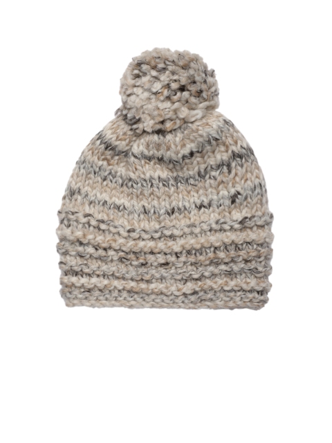 

Magic Needles Unisex Cream-Coloured & Grey Hand Knitted Self Design Beanie